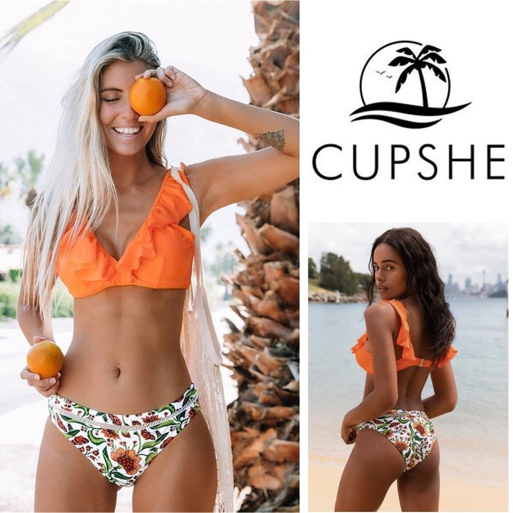 CUPSHE Orange Ruffle Bikini with Floral Bottom  NEW WITH TAGS!